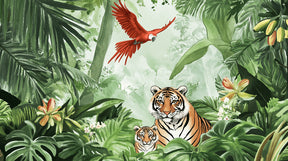 Detailed jungle animals mural wallpaper design pattern with tigers and red parrot by Kids-Mundo