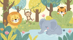 Detailed jungle animals mural wallpaper design pattern featuring lion, elephant, monkey and tiger by Kids-Mundo