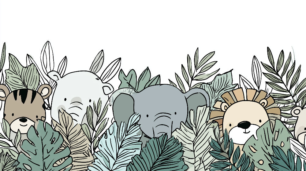 Detailed jungle animals mural wallpaper design pattern with safari wildlife in green foliage by Kids-Mundo