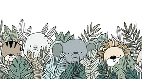 Detailed jungle animals mural wallpaper design pattern with safari wildlife in green foliage by Kids-Mundo