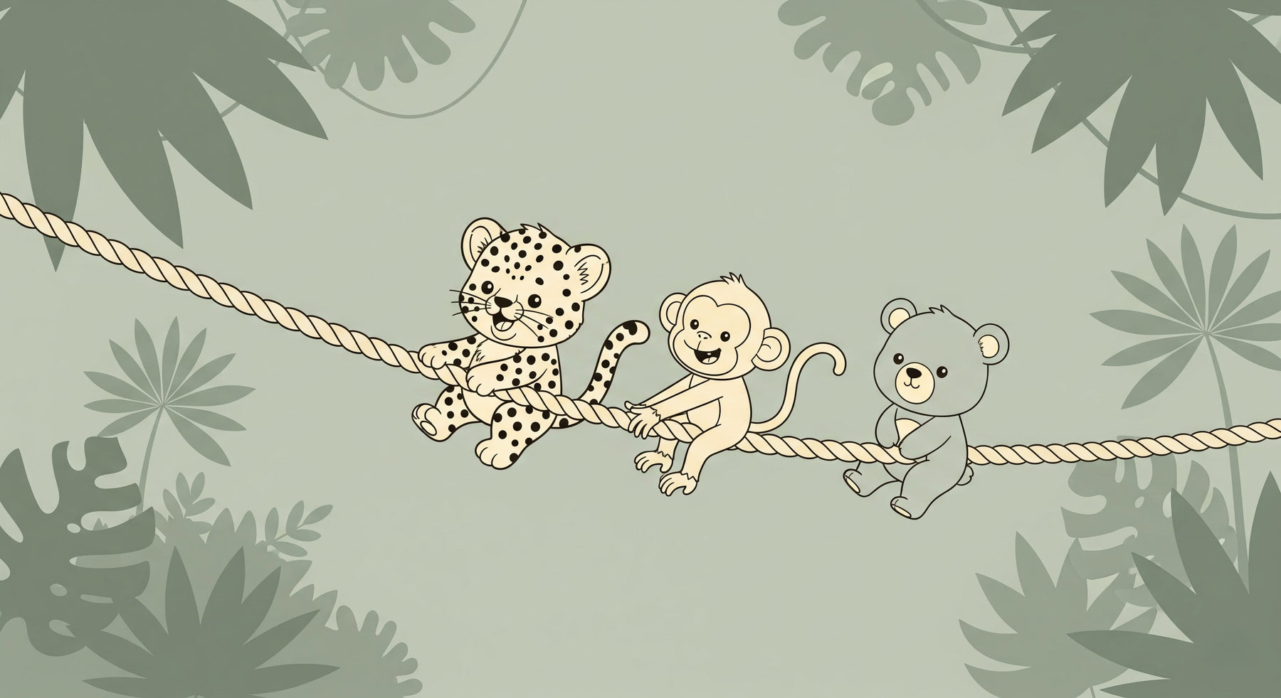 Detailed jungle animals mural wallpaper design pattern showing leopard, monkey and teddy bear by Kids-Mundo