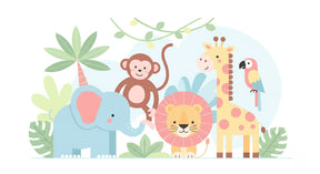 Detailed jungle animals mural wallpaper design pattern showing safari friends by Kids-Mundo