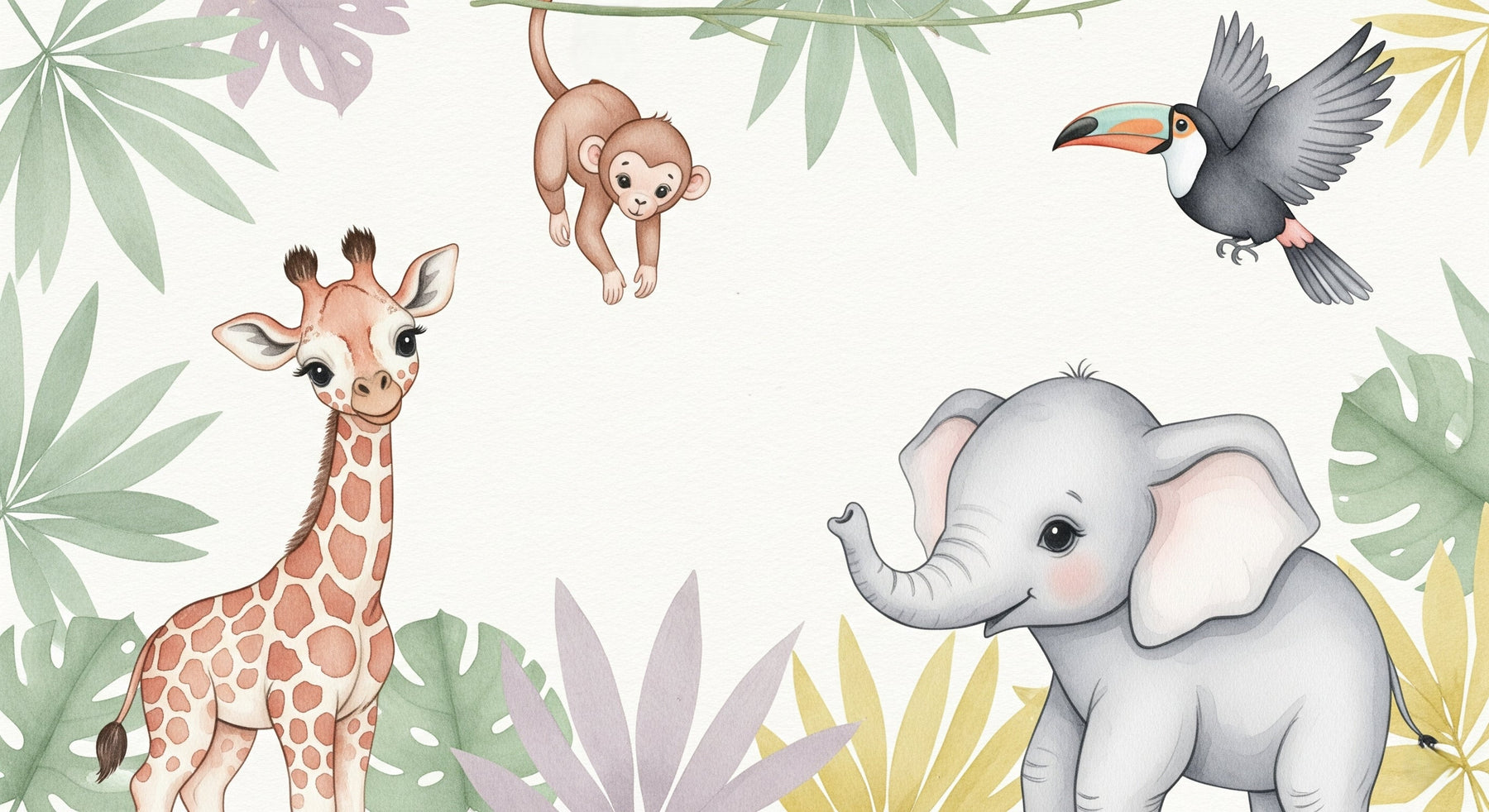 Detailed jungle animals mural wallpaper design pattern with colorful foliage by Kids-Mundo
