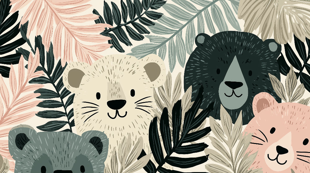Detailed jungle animals mural wallpaper design pattern showing cute bears and tropical leaves by Kids-Mundo