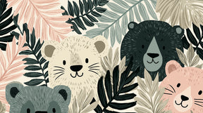Detailed jungle animals mural wallpaper design pattern showing cute bears and tropical leaves by Kids-Mundo