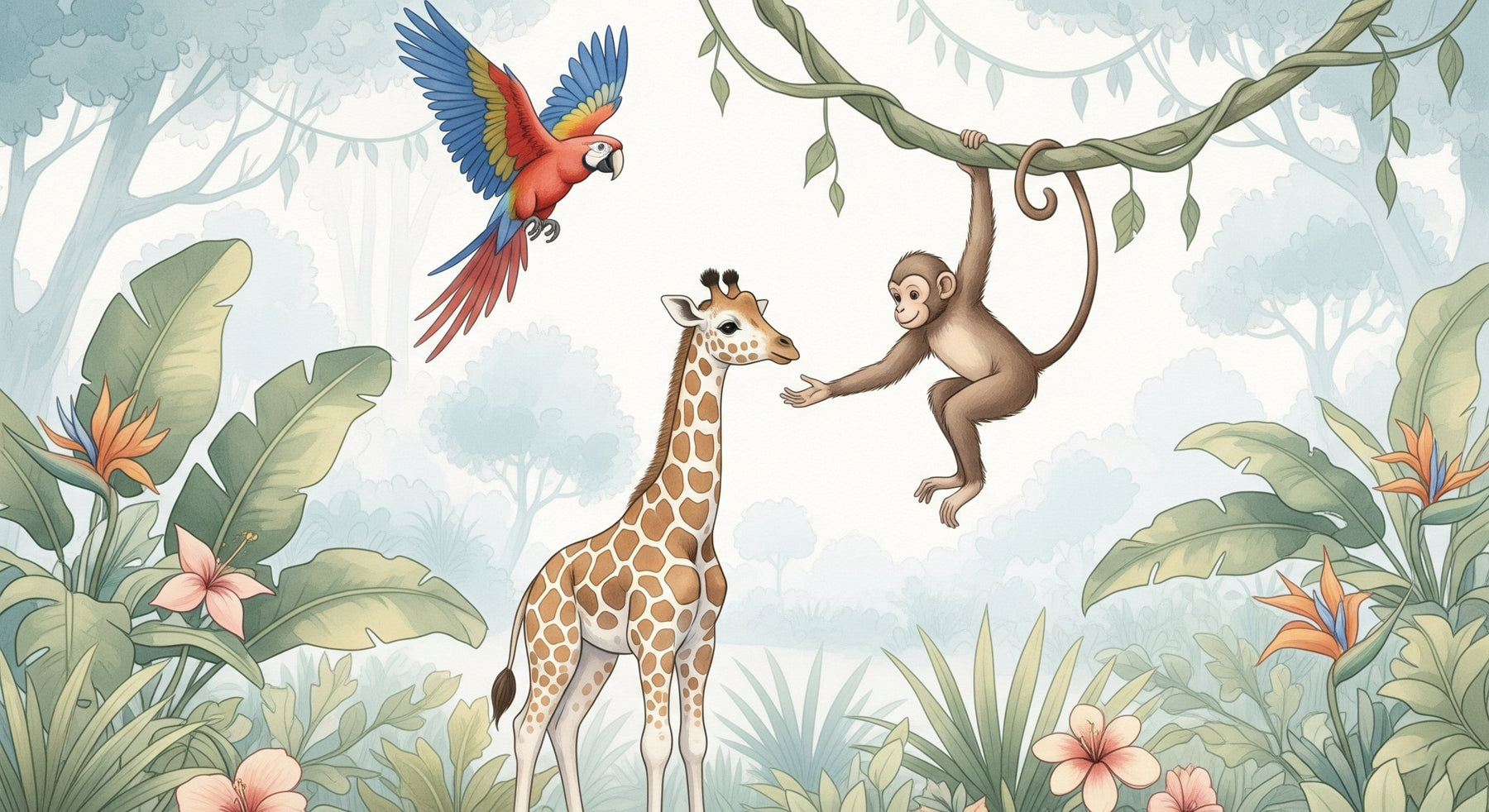 Detailed jungle animals mural wallpaper design pattern with giraffe monkey parrot by Kids-Mundo