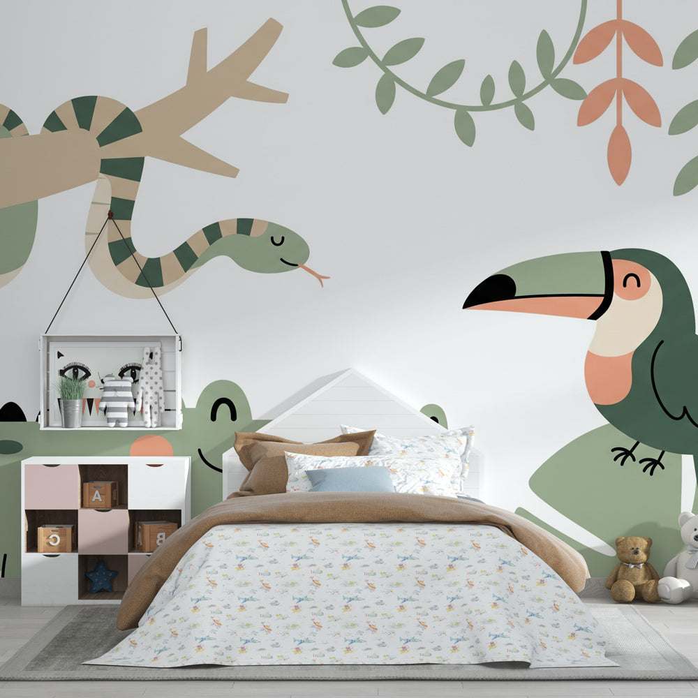 Jungle safari mural wallpaper creating adventurous kids bedroom decor with crocodile and toucan designs