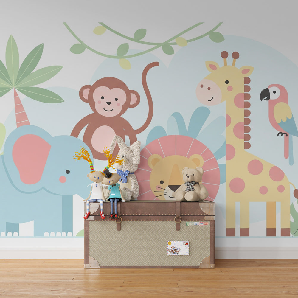 Safari animals wallpaper creating adventurous kids bedroom with natural wood furniture