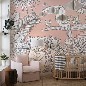 Safari themed children's bedroom featuring jungle animals wallpaper with tropical foliage