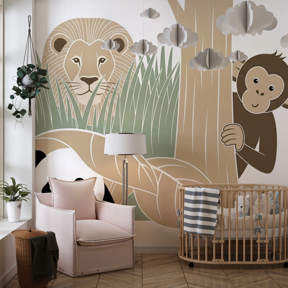Safari animals wallpaper creating playful jungle atmosphere in children's bedroom decor