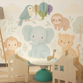 Cute safari animal wallpaper featuring elephant and friends in children's bedroom decor
