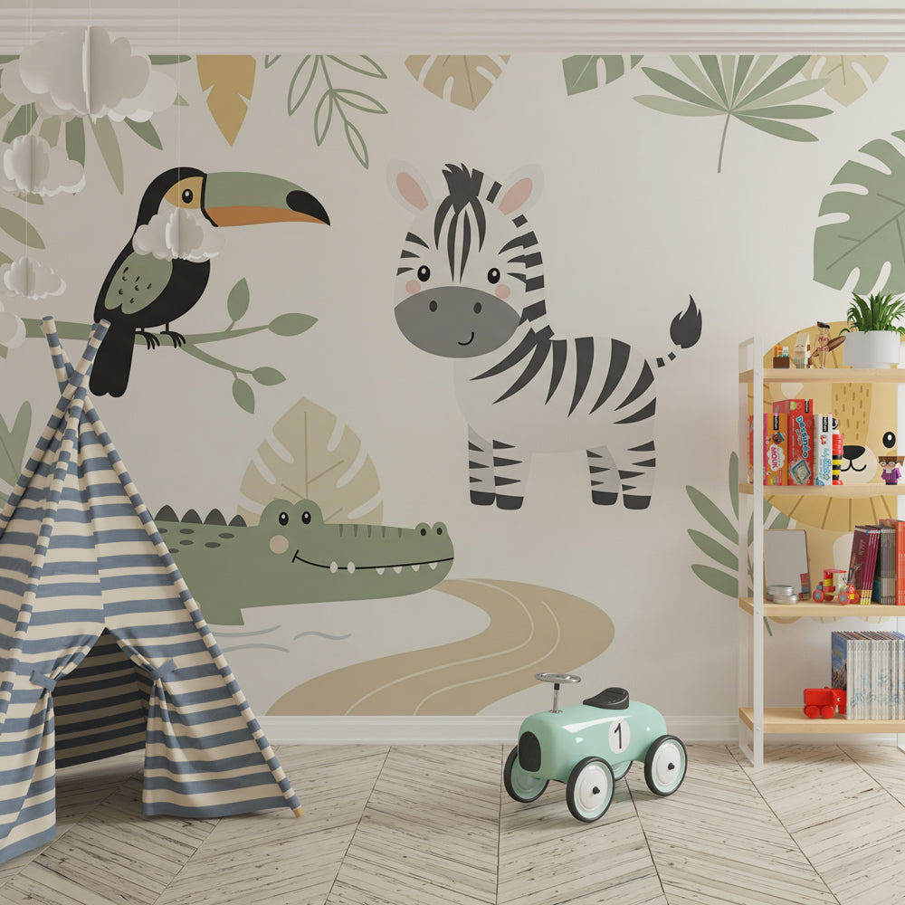 Safari animals wallpaper transforming children's bedroom into jungle adventure space