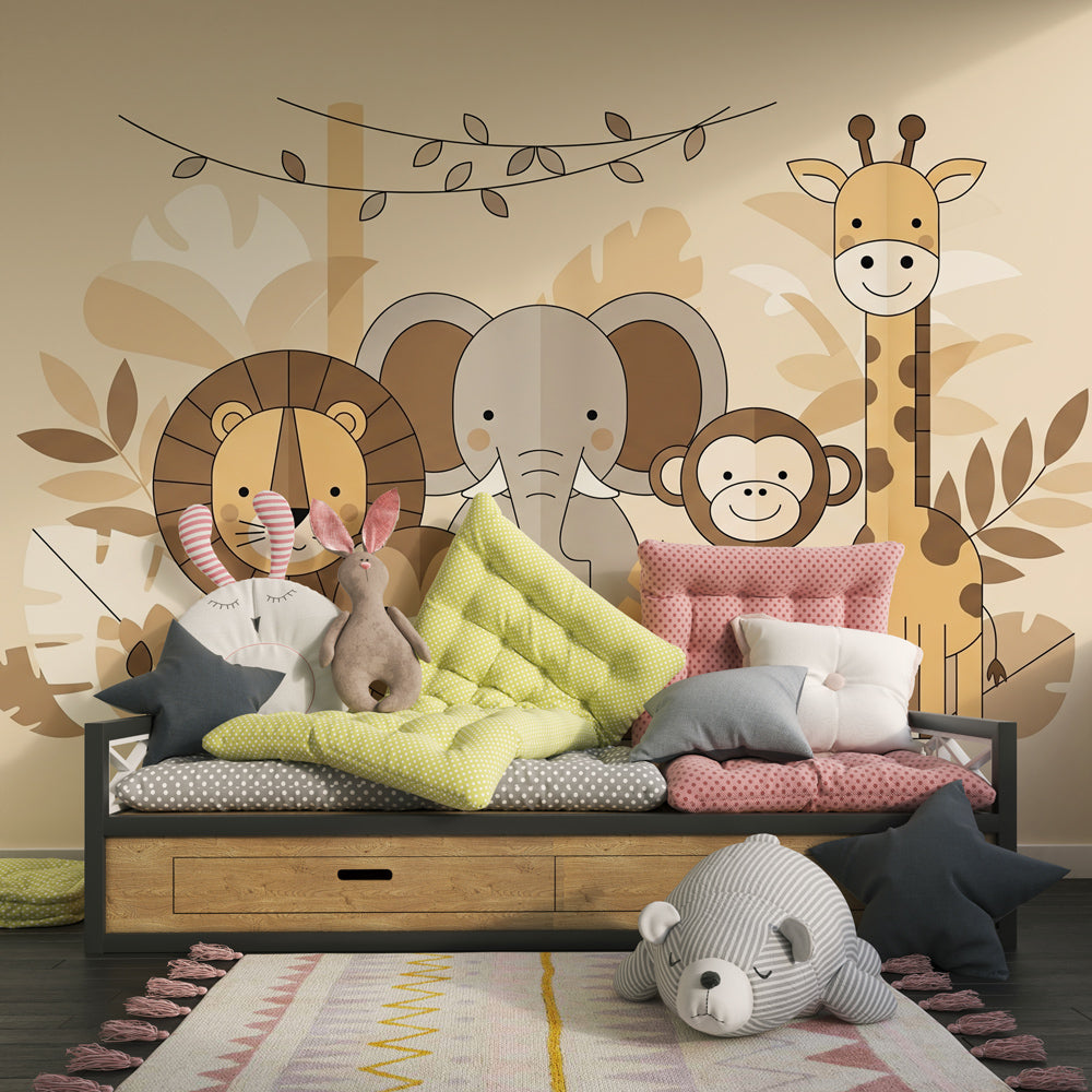 Cute safari animals wallpaper creating adventurous kids bedroom decor with beige tones