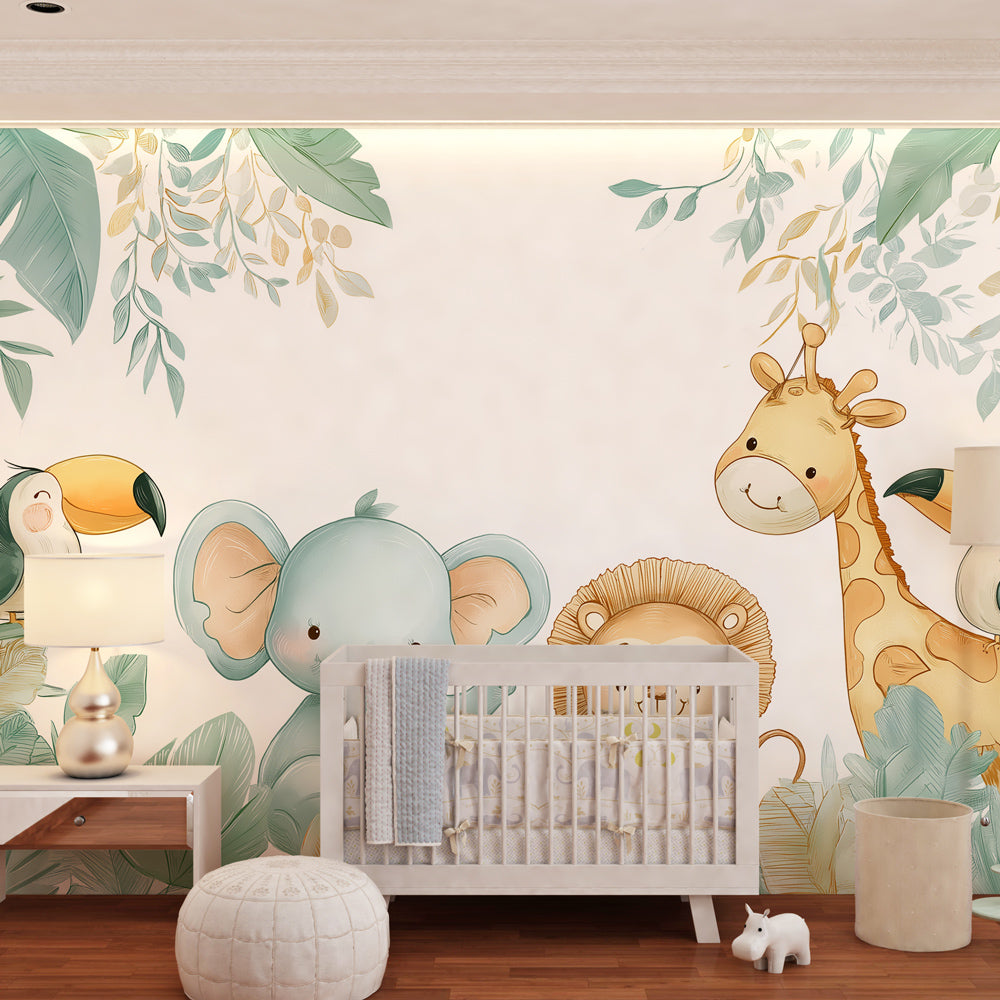 Safari animals wallpaper creating adventure theme in children's bedroom with natural wood furniture