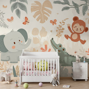 Colorful safari mural wallpaper transforming children's bedroom into jungle adventure space