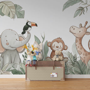 Tropical safari wallpaper with colorful toucan creating adventure theme in children's bedroom