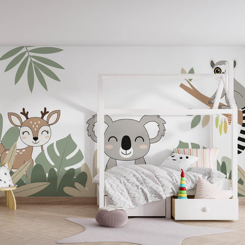 Safari animal wallpaper creating adventure theme in children's bedroom with natural decor