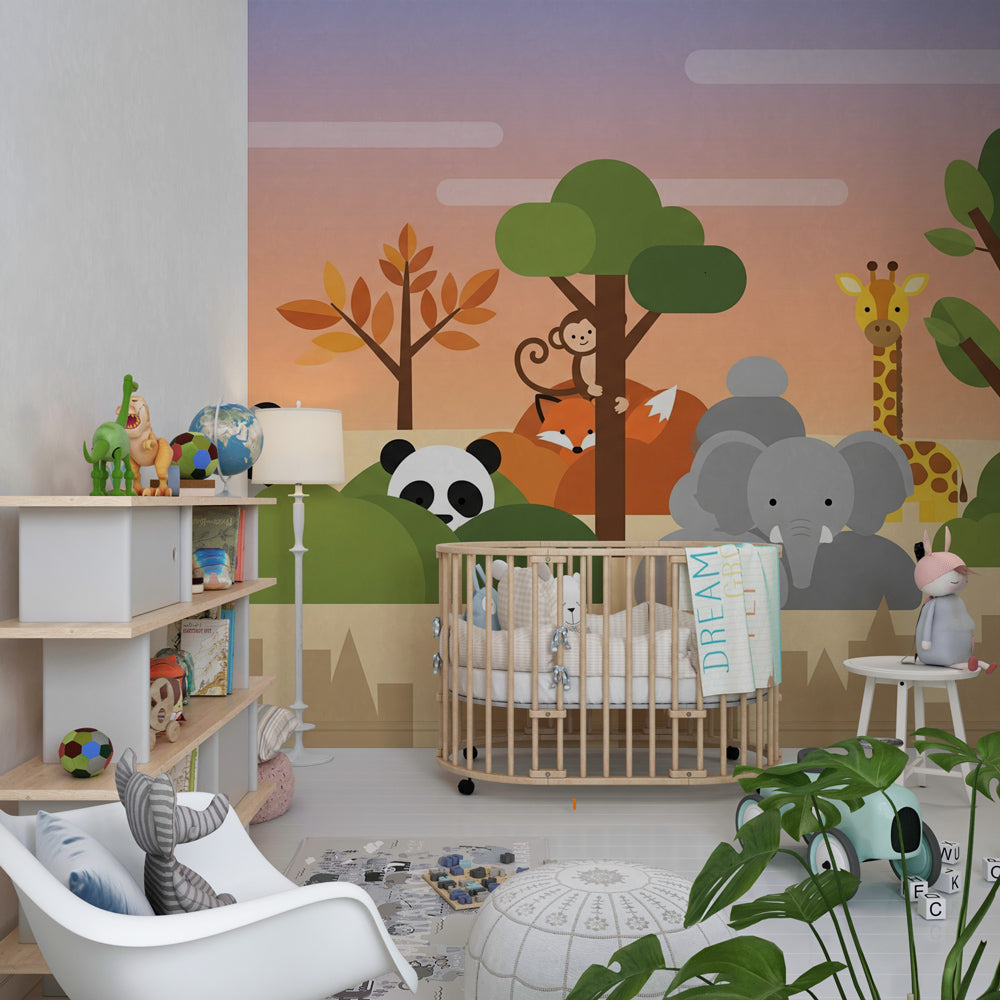 Safari themed mural wallpaper transforming children's bedroom with colorful jungle animals and warm tones