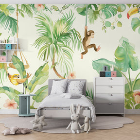 Colorful jungle safari wallpaper creating adventure-themed children's bedroom decor with monkeys and tigers