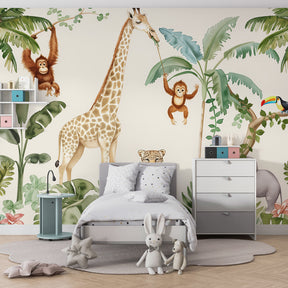 Exotic jungle safari mural wallpaper transforming children's bedroom into tropical adventure space
