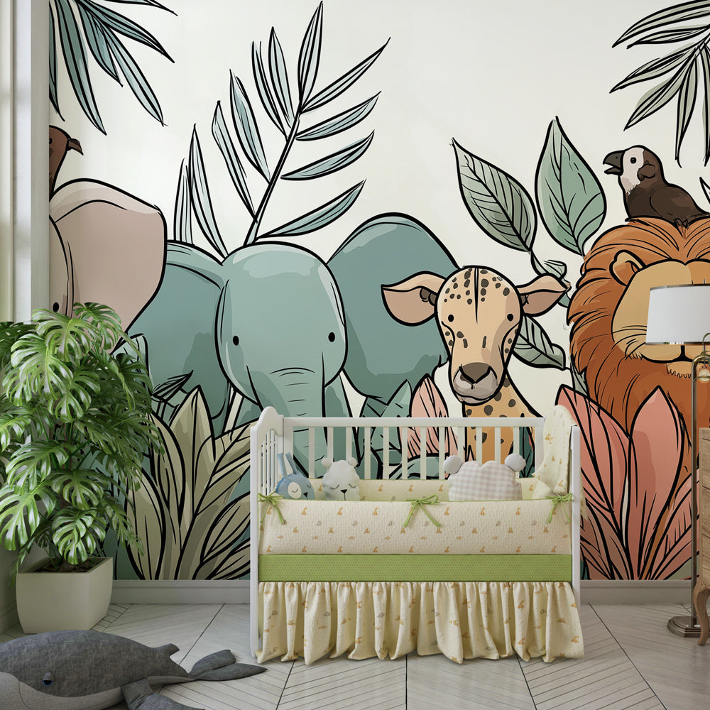 Safari animal wallpaper creating adventure-themed children's bedroom with natural decor