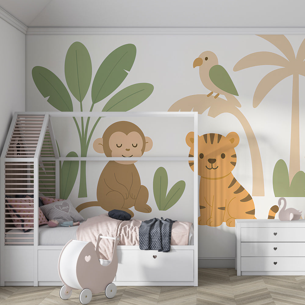 Tropical jungle mural wallpaper creating adventurous kids room atmosphere with animal friends