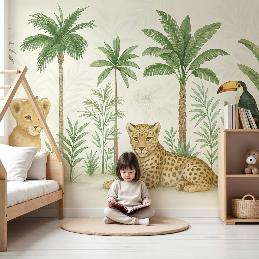 Jungle animals mural wallpaper featuring lion cub and leopard in modern nursery by Kids-Mundo