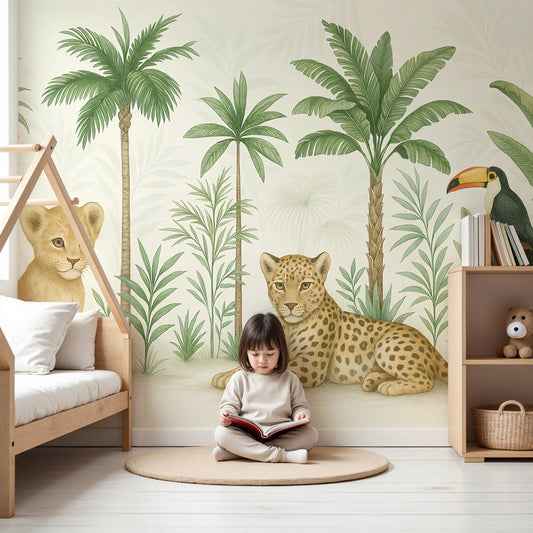 Jungle animals mural wallpaper featuring lion cub and leopard in modern nursery by Kids-Mundo