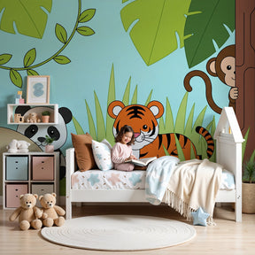 Jungle animals mural wallpaper in modern nursery with natural wood furniture by Kids-Mundo