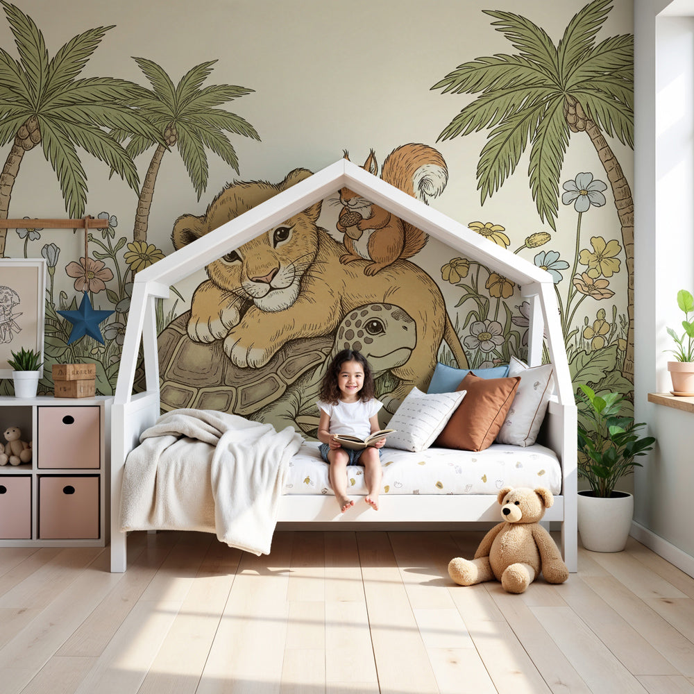Jungle animals mural wallpaper with lion cub and turtle in modern nursery room by Kids-Mundo