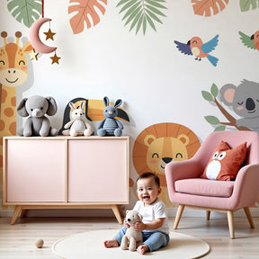 Jungle animals mural wallpaper creating safari nursery decor with giraffe and lion by Kids-Mundo