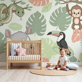 Jungle animals mural wallpaper with baby rhino and tropical leaves in modern nursery by Kids-Mundo