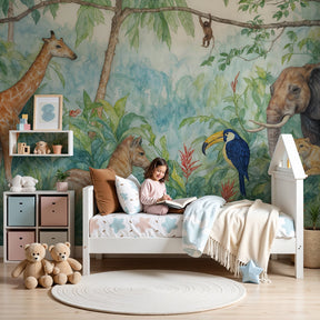 Jungle animals mural wallpaper creating safari adventure in modern nursery room by Kids-Mundo