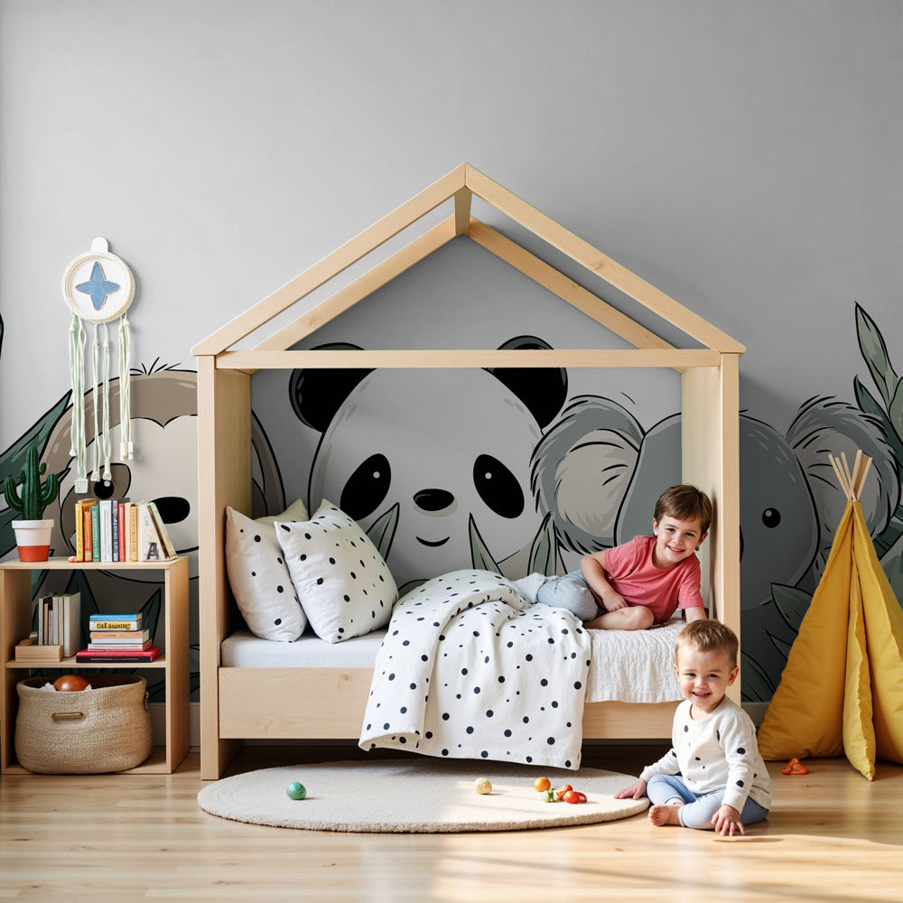 Cute jungle animals mural wallpaper in modern nursery with sloth panda koala design by Kids-Mundo
