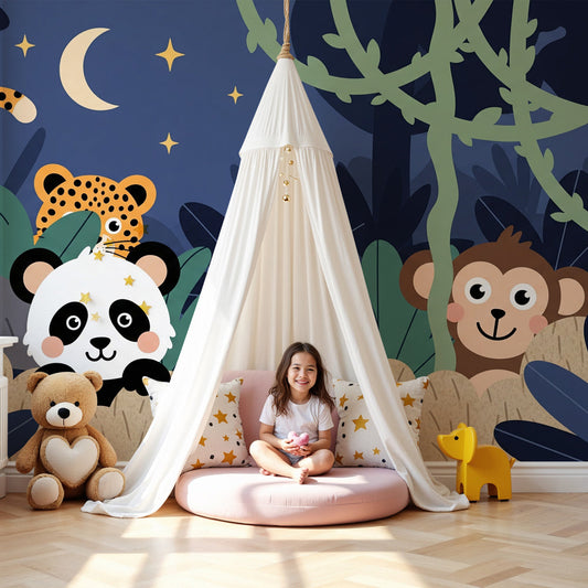 Jungle animals mural wallpaper with starry night theme in modern nursery by Kids-Mundo