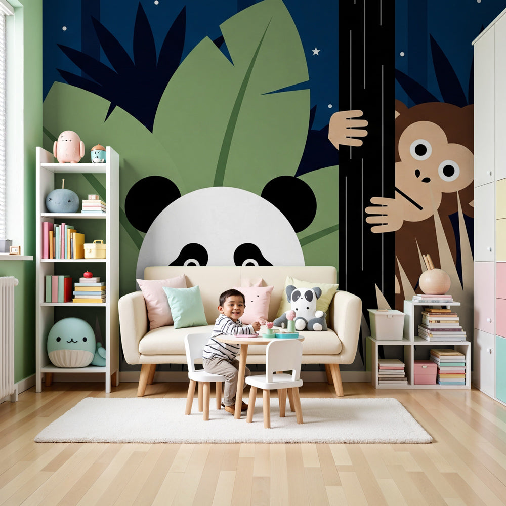 Jungle animals mural wallpaper with panda and monkey in blue nursery by Kids-Mundo