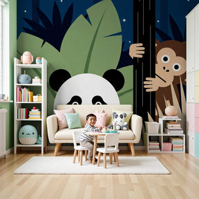 Jungle animals mural wallpaper with panda and monkey in blue nursery by Kids-Mundo