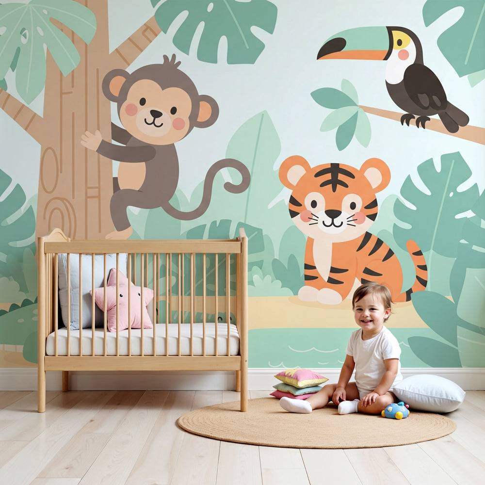 Jungle animals mural wallpaper in modern nursery with safari theme decor by Kids-Mundo