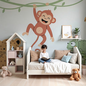 Jungle animals mural wallpaper with monkey and leopard in modern kids nursery by Kids-Mundo