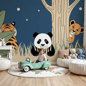 Jungle animals mural wallpaper with panda and tiger in cozy nursery room by Kids-Mundo