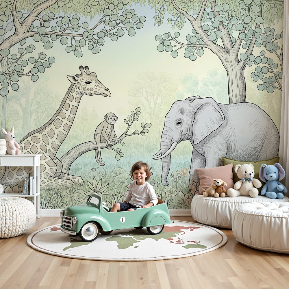 Jungle animals mural wallpaper featuring giraffes and elephants in modern nursery by Kids-Mundo