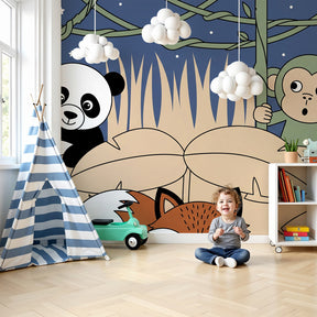Jungle animals mural wallpaper with panda and monkey in modern nursery room by Kids-Mundo