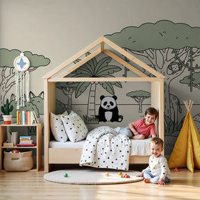 Jungle animals mural wallpaper in modern baby nursery with wooden crib by Kids-Mundo