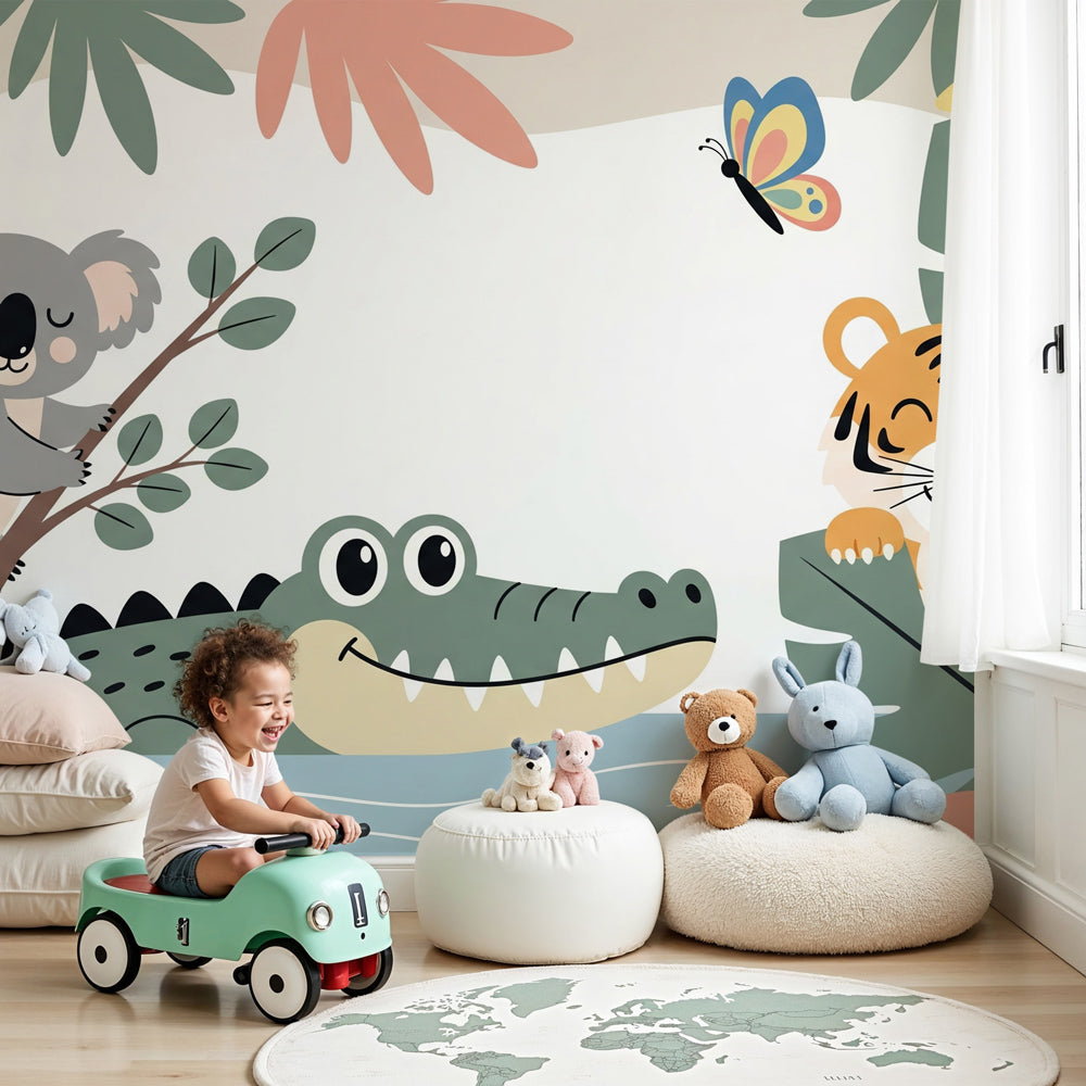 Jungle animals mural wallpaper featuring koala, tiger and crocodile in modern nursery by Kids-Mundo