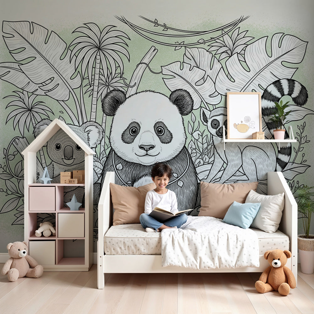 Jungle animals mural wallpaper with panda koala lemur in modern nursery by Kids-Mundo