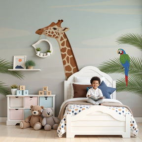 Jungle animals mural wallpaper with giraffe and parrot in modern nursery by Kids-Mundo