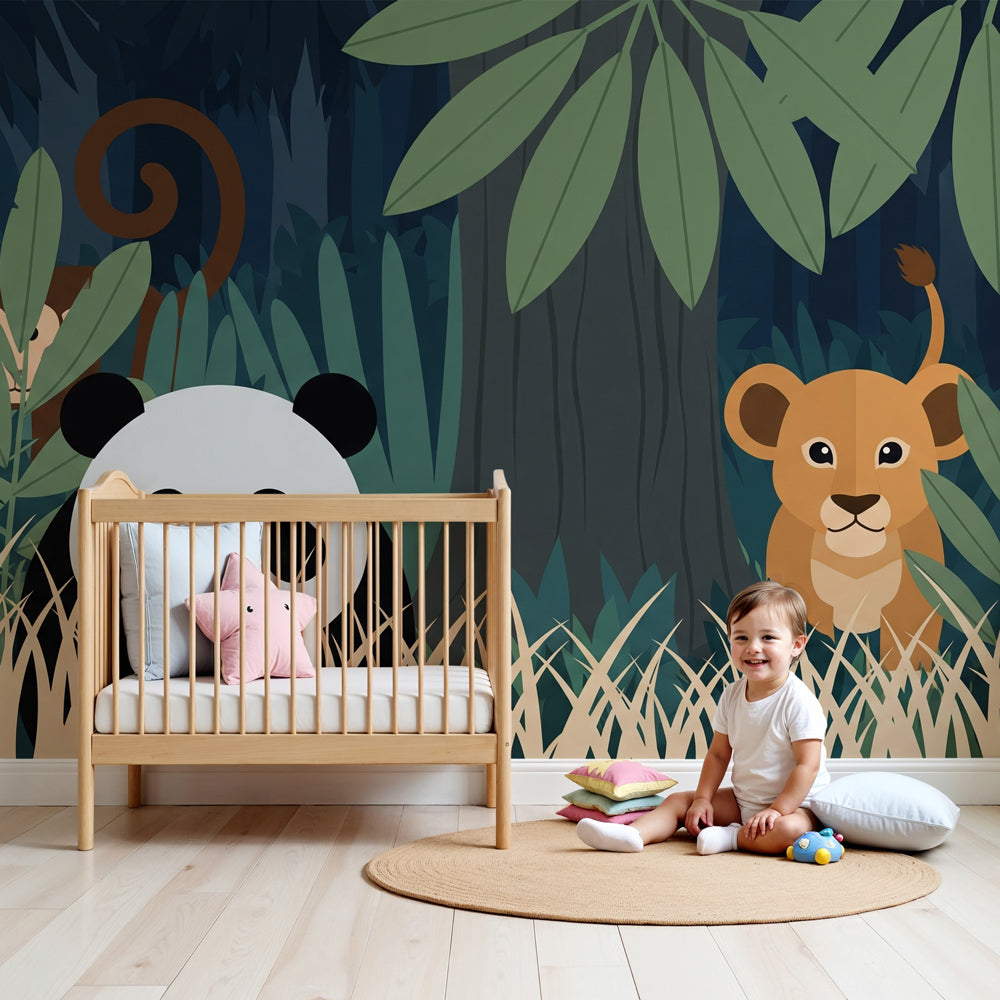 Jungle animals mural wallpaper with panda and lion cub in modern nursery by Kids-Mundo