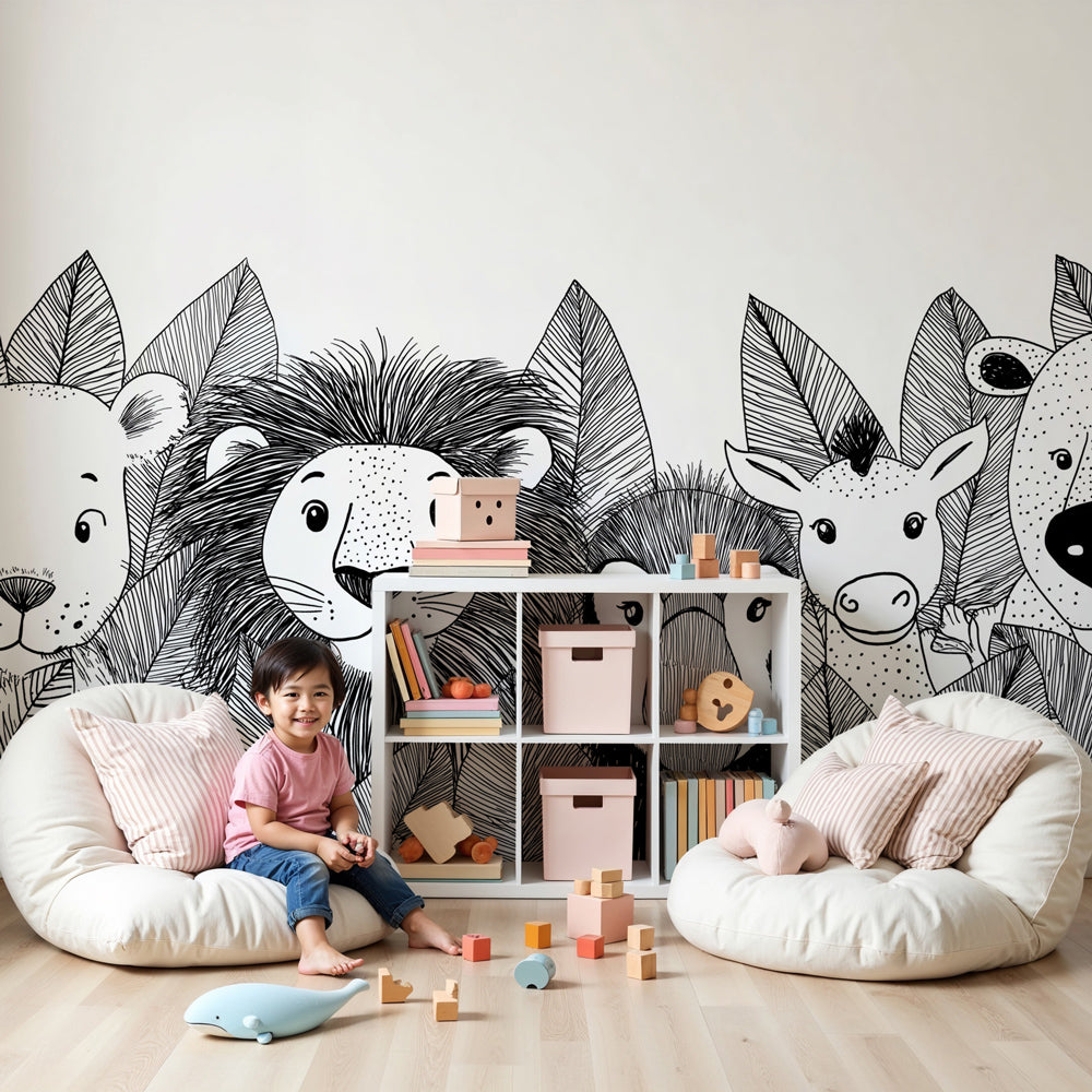 Black and white jungle animals mural wallpaper in modern nursery with safari theme by Kids-Mundo