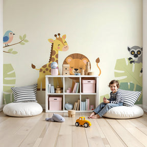 Jungle animals mural wallpaper in modern nursery with giraffe lion lemur safari theme by Kids-Mundo