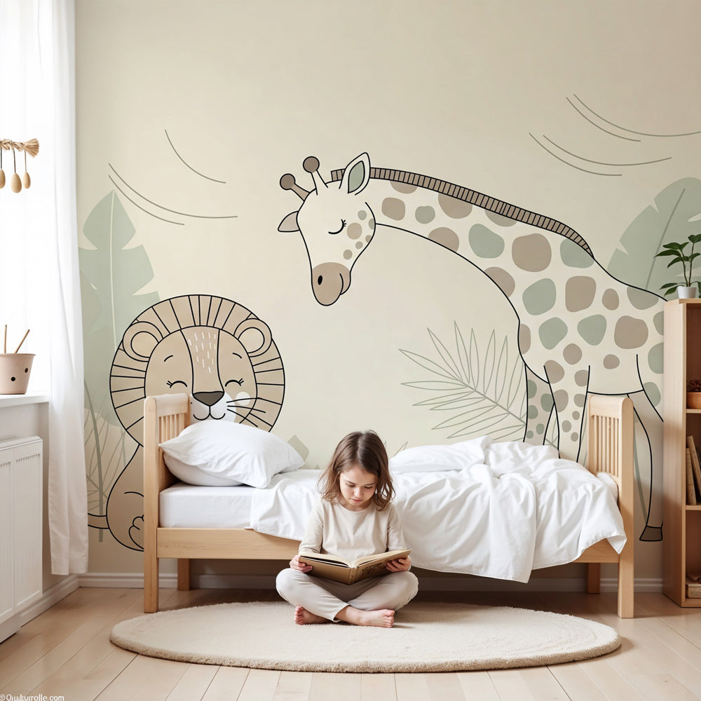Jungle animals mural wallpaper with lion and giraffe in modern nursery room by Kids-Mundo